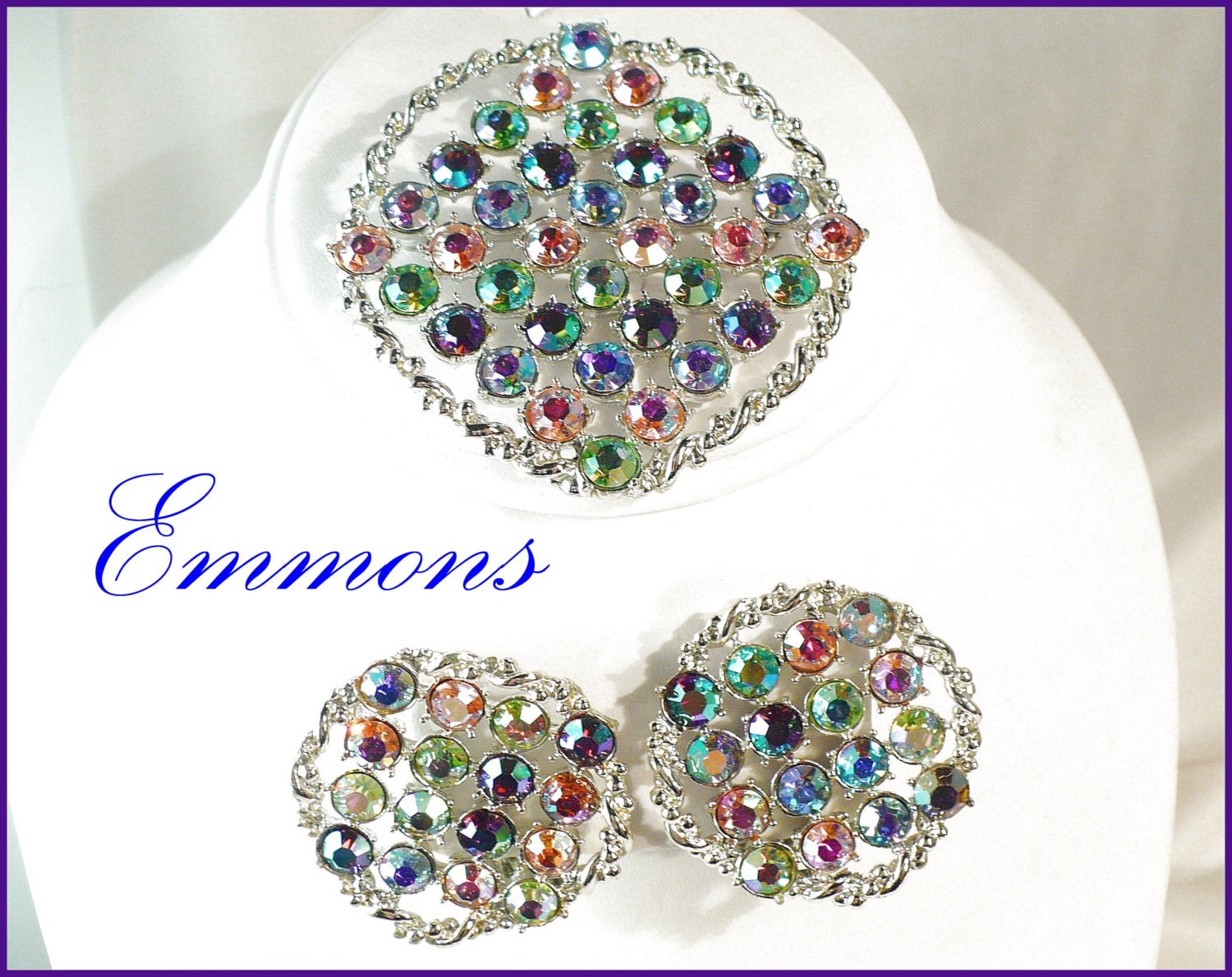 Designer EMMONS Pastel AB Rhinestone Brooch & Earrings, Demi Parure