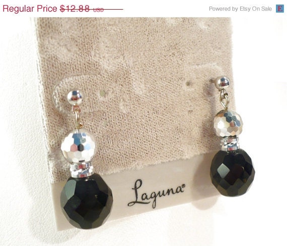 1970s LAGUNA Black Crystal Earrings, Pierced, Silver Metallic Crystal