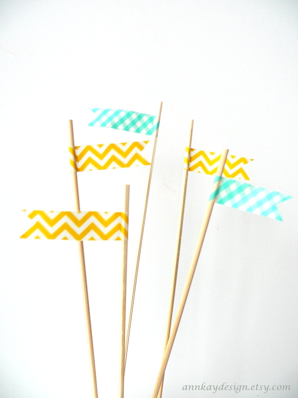 Cake Topper Flags Yellow and Mint Washi Tape Picks Set of 5