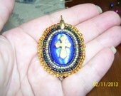 Blue Cat Eye Cabachon Bead Embroidered Cross Pendant