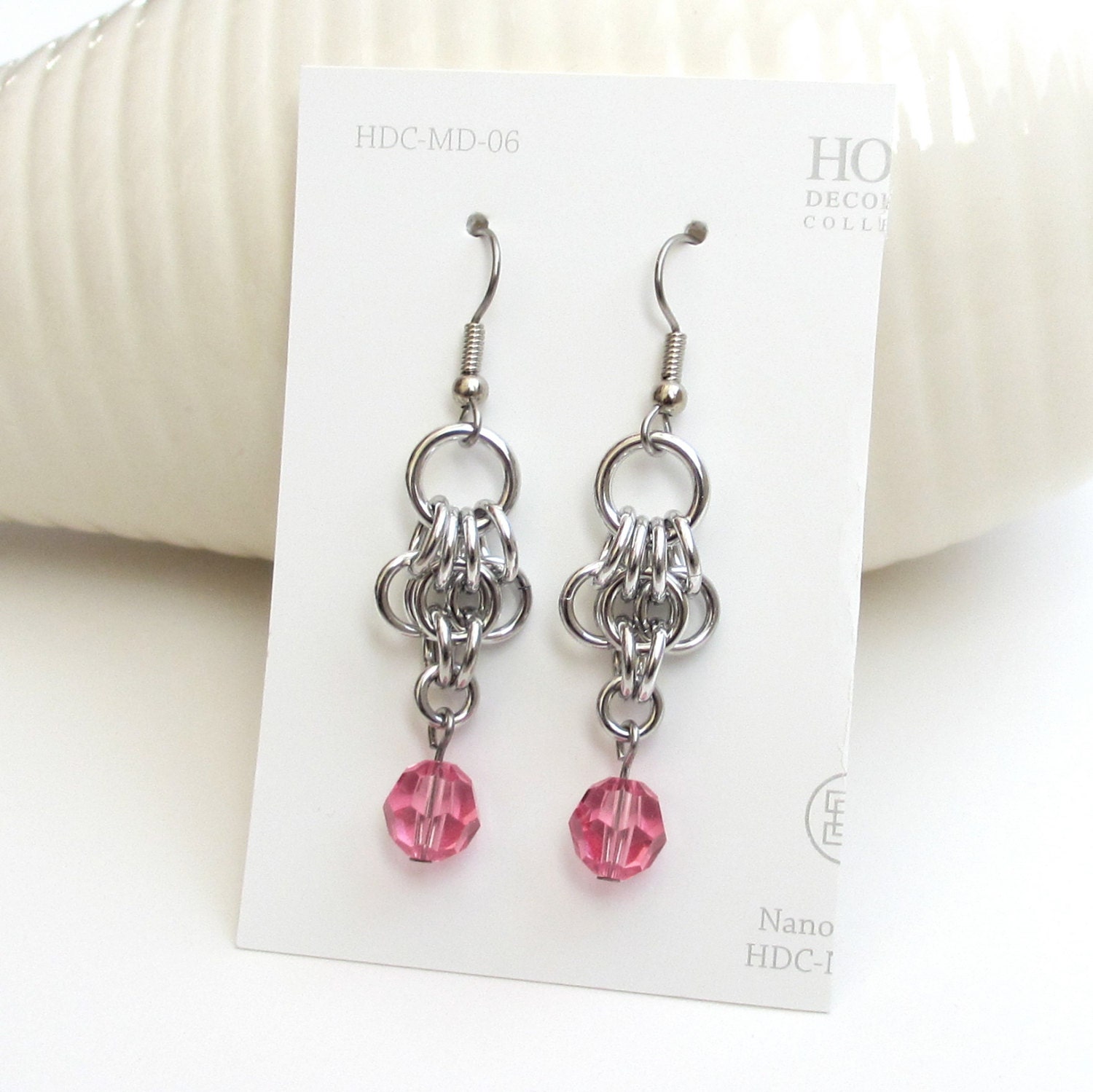 Chainmail Butterfly Wing earrings with rose pink crystals