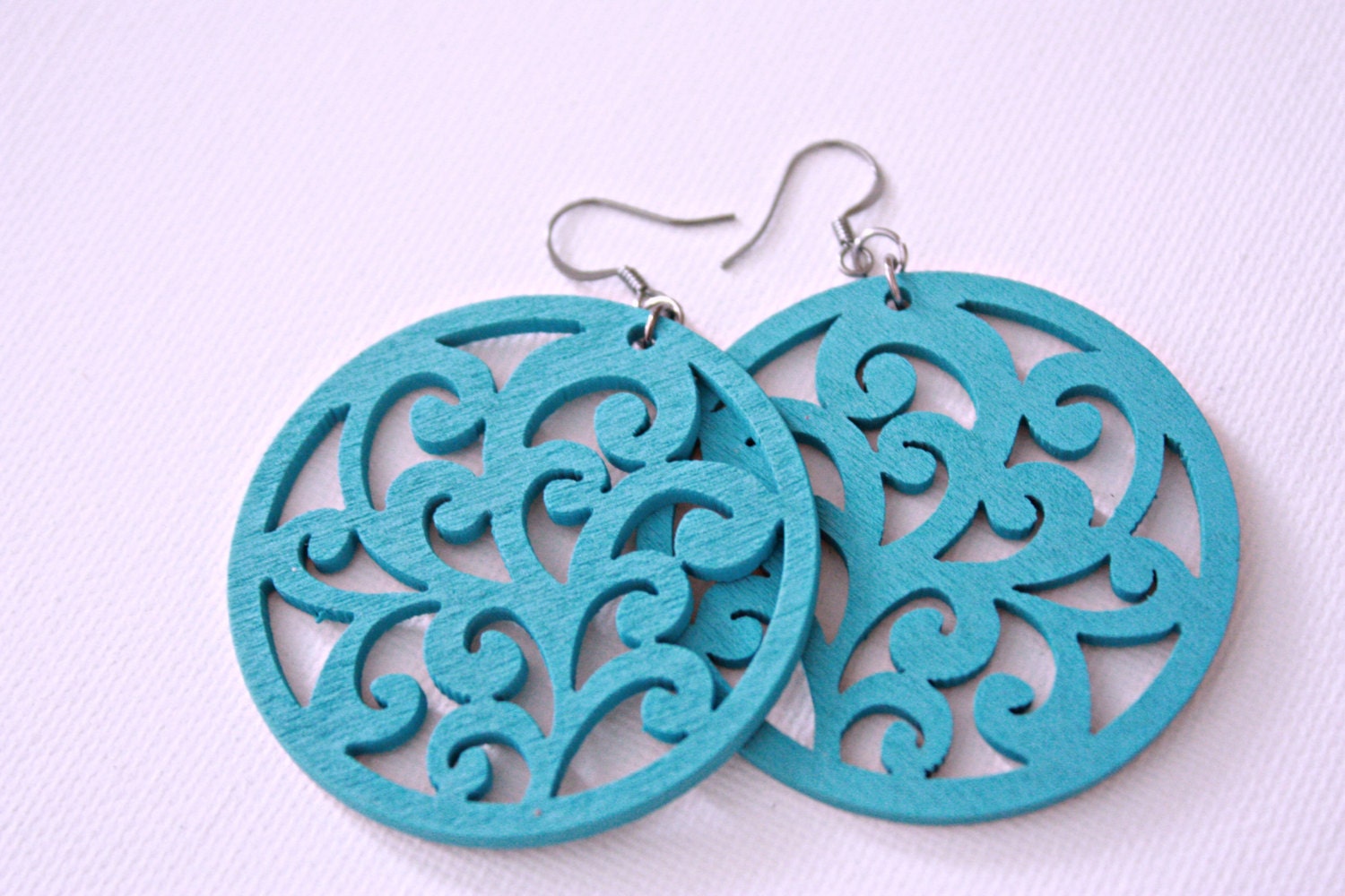 Pretty Blue Wooden Grass Swirl Dangles