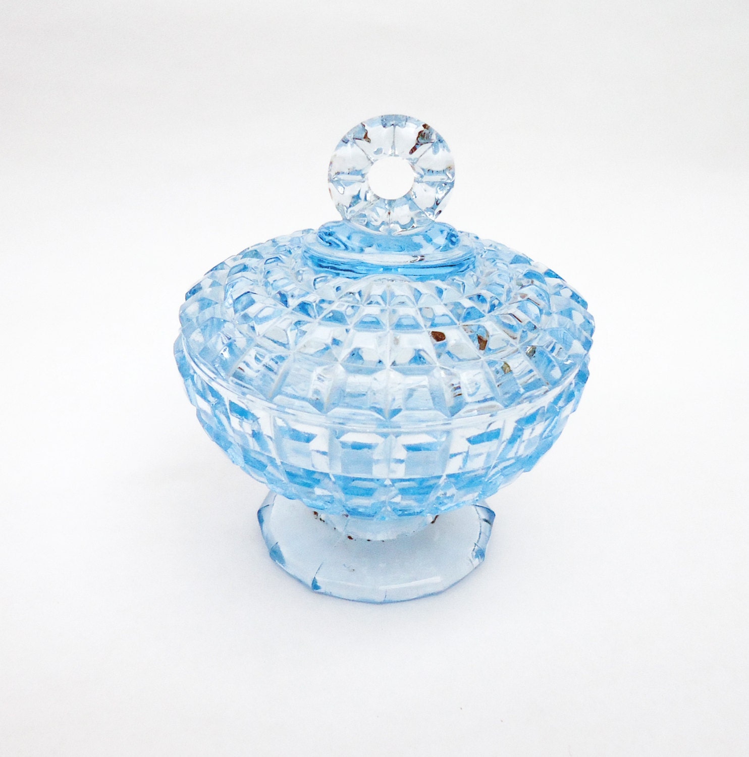 Vintage Art Deco, Depression Blue Glass Small Trinket Box/Powder Jar/Jewelry box ,  UK Seller