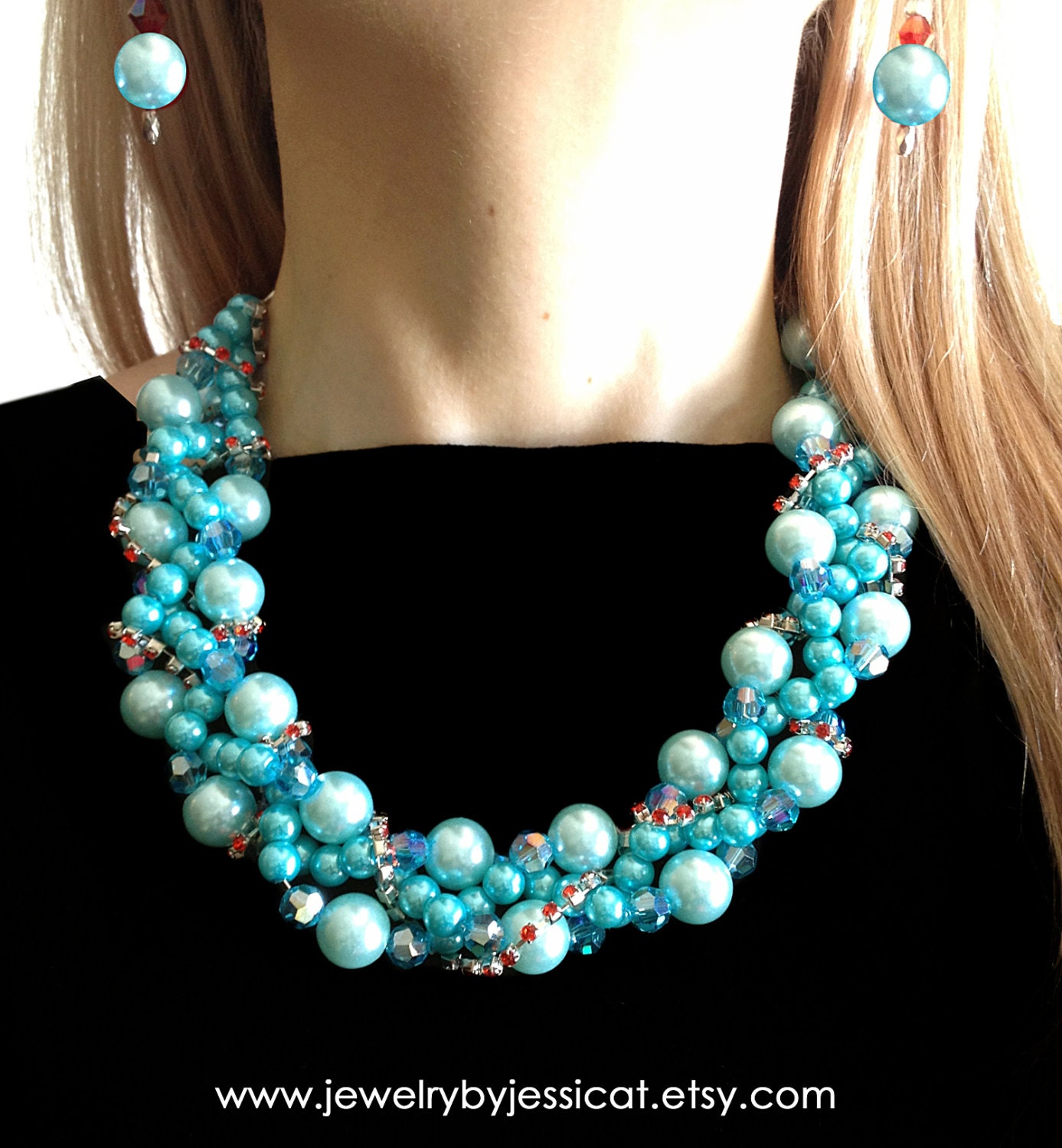 PETITE TWISTED, Statement Necklace, Blue, Aqua, Tiffany, Red, Edgy, Chunky, Bridesmaid, Multi-strand, Bridal, Jewelry by Jessica Theresa