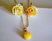 Flower Clip On Earrings & Pendant Set, Marching  Necklace, Carved Bone, 12K G F, Vintage Jewelry, Item No. B506