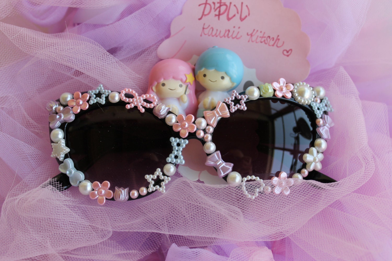 Extreme Kawaii Cat Eye Sunglasses- Bows, Stars & Pearls on Retro Sunglasses