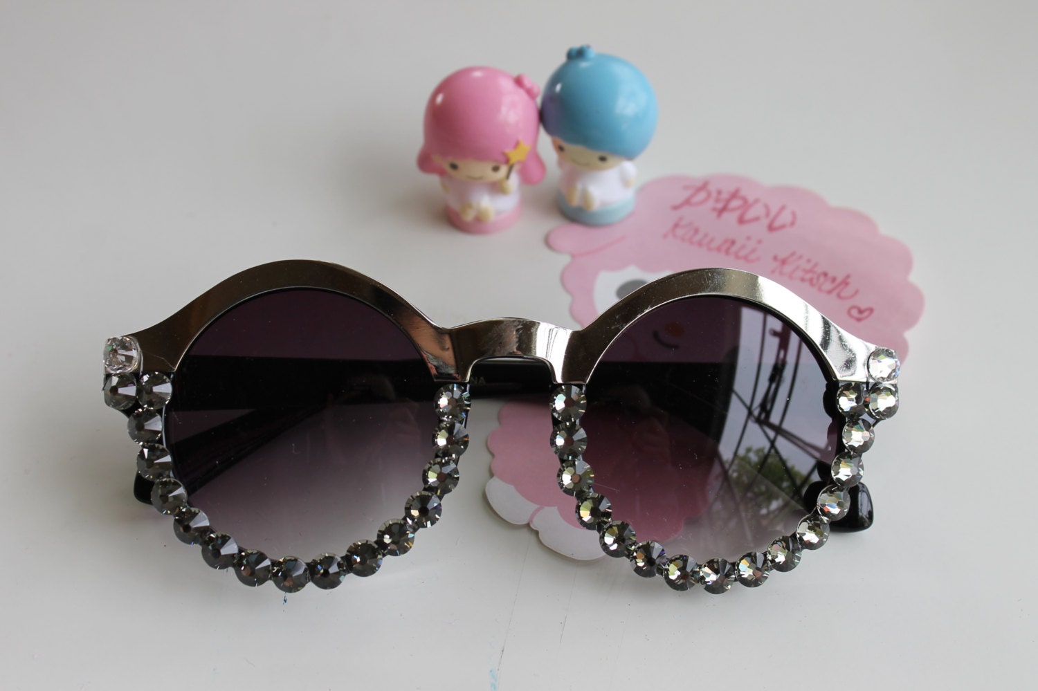Two-Tone Keyhole Sunglasses with Silver Mirrored Tops and Swarovski Crystal Bottoms