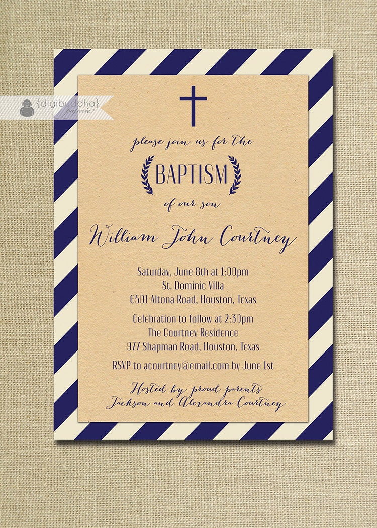 Kraft Stripe Boy Baptism Invitation Navy Stripe Cross Laurel Wreath Christening Baby Blue Christian DIY Digital or Printed - Courtney Style