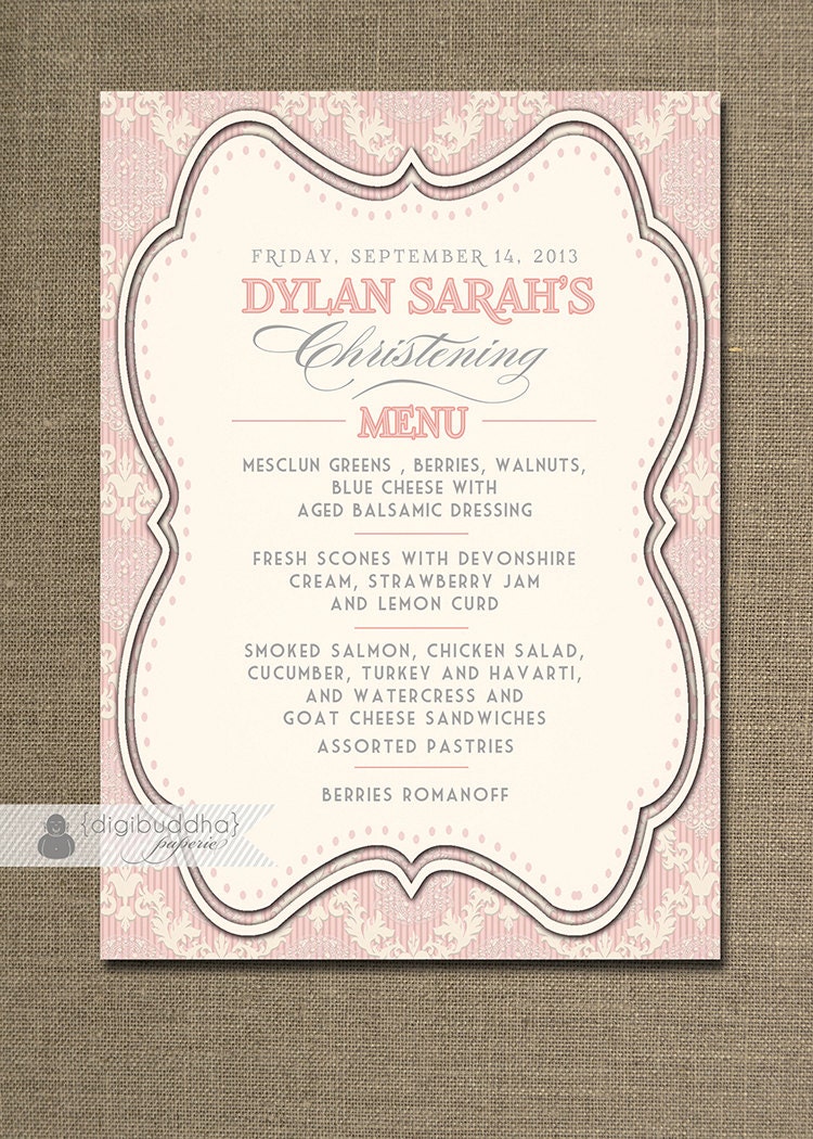 Damask Menu 5x7 Pink Gray Baptism Christening Bridal Shower Baby Rehearsal Dinner Wedding Card DIY Digital or Printed - Dylan Style