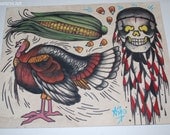 kitchen art, turkey, thanksgiving skull, old school tattoo flash, handpainted flash sheet, on handmade paper