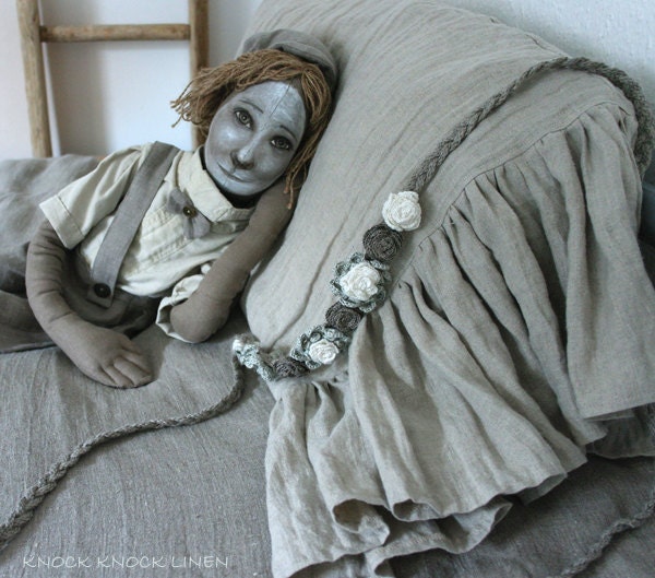 Ruffled Washed Linen Pillow case. Old Farmhouse Collection