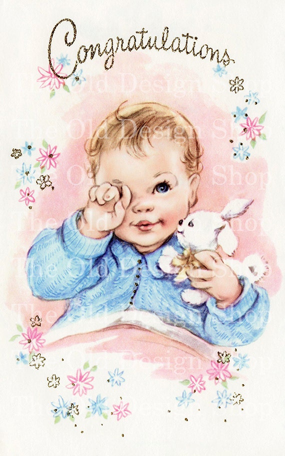 Printable VINTAGE NEW BABY Congratulations Color Illustration 300 dpi Digital Scan Vintage Image Antique Clip Art