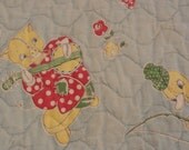 Vintage Quilted Baby Crib Quilt c 1950's, Blue Red Yellow, Ducks Horses Birds