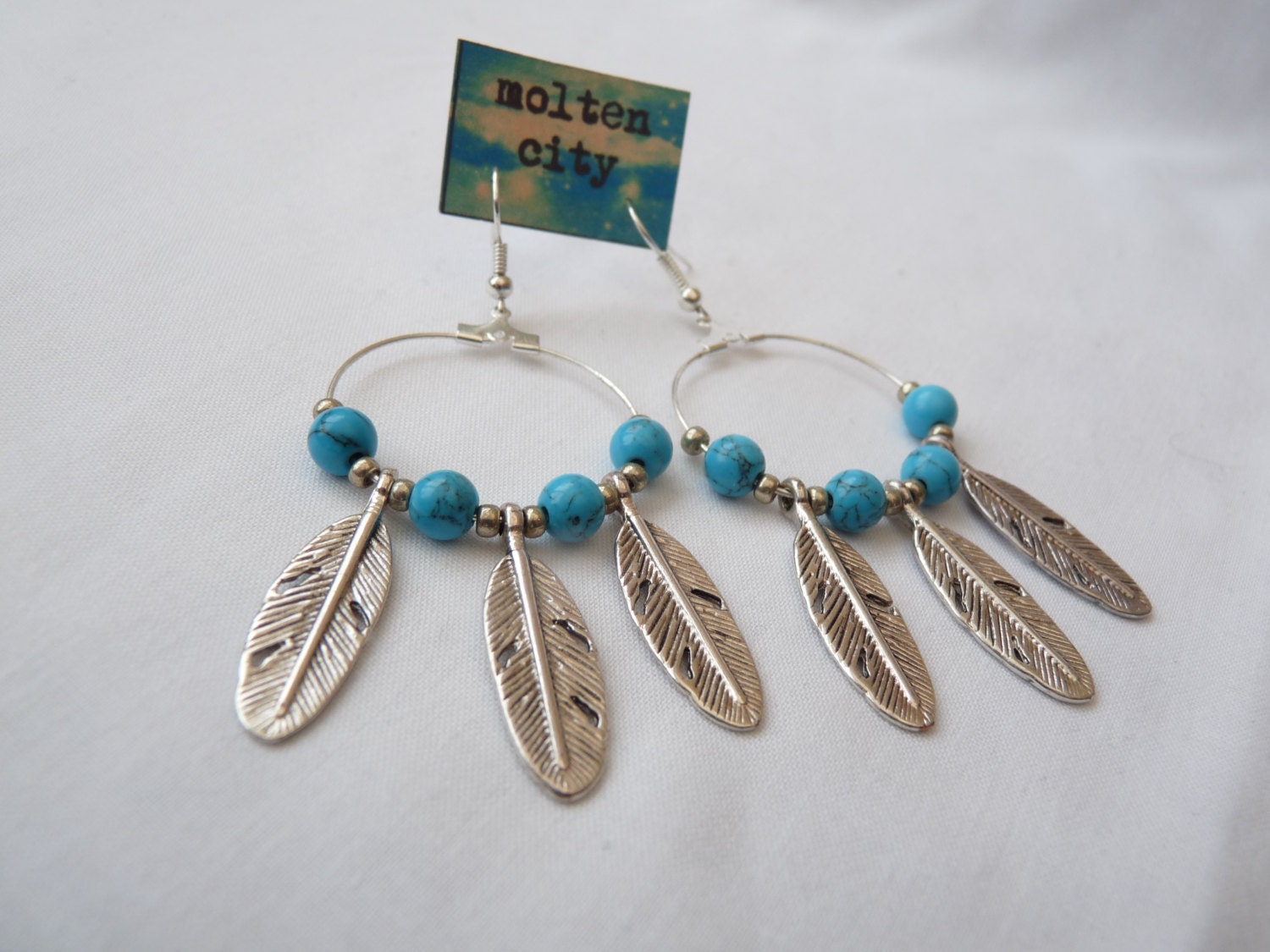 Turquoise Feather Hoop Earrings