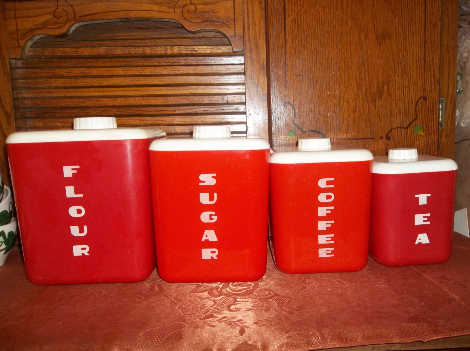 Vintage 50s RETRO Cannister Set Red Plastic So Very Cool  4 Pc. Decorate Your Kitchen In Fifties Memorbilia