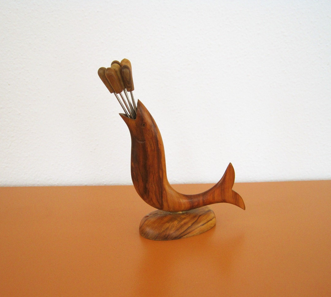 Vintage Olive Wood Picks, Fish Design