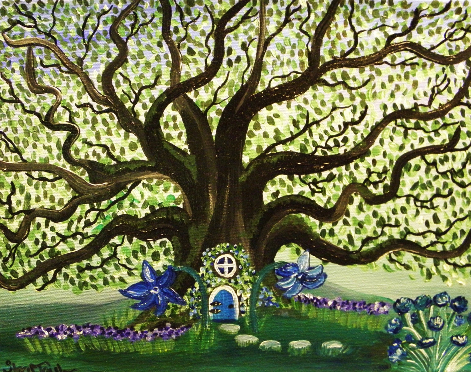 Fairy door  Original Painting, Fairy art, Fantasy art, Surreal, Tree Painting, Fine Art, Live Oak Tree