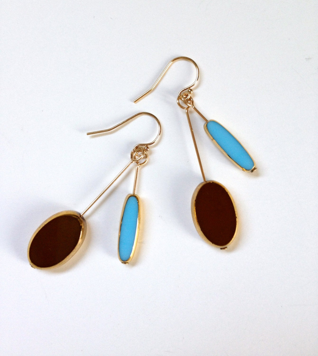 German Glass and Gold Earrings // brown and light blue mid century // LilahV