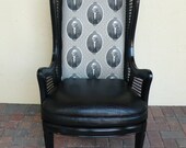 Tallback wing chair black alligator reptile fabric cane sides and George Washington vintage fabric