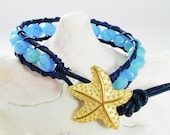 Mothers Day Gift Starfish bracelet - Leather Wrap Bracelet - ocean blue beach jewelry boho beachy bracelet sea shore blue and gold bracelet