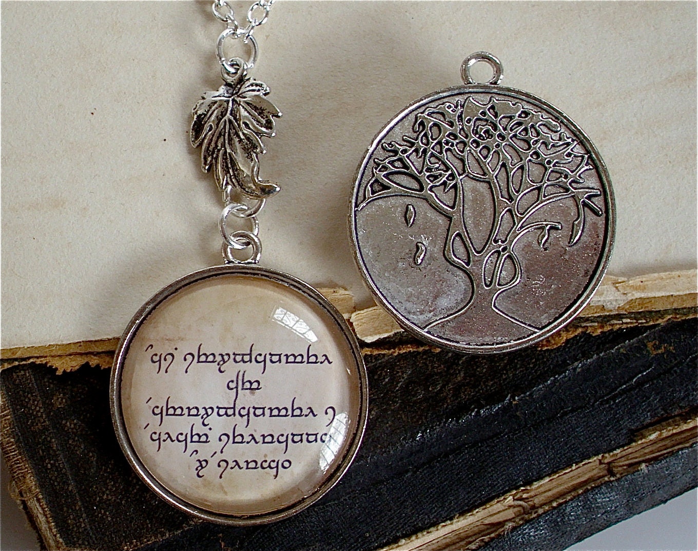 Elven Necklace - Quenya and Leaf of Lorien Pendant in Silver - Lord of the Rings Inspired Jewelry - Hobbit - Middle Earth - LOTR