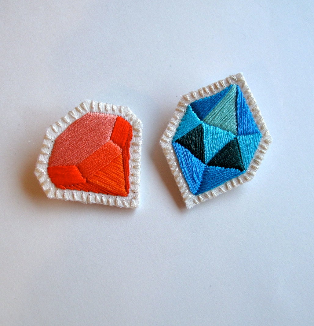 Geometric gem brooch set of two embroidered in blues and oranges