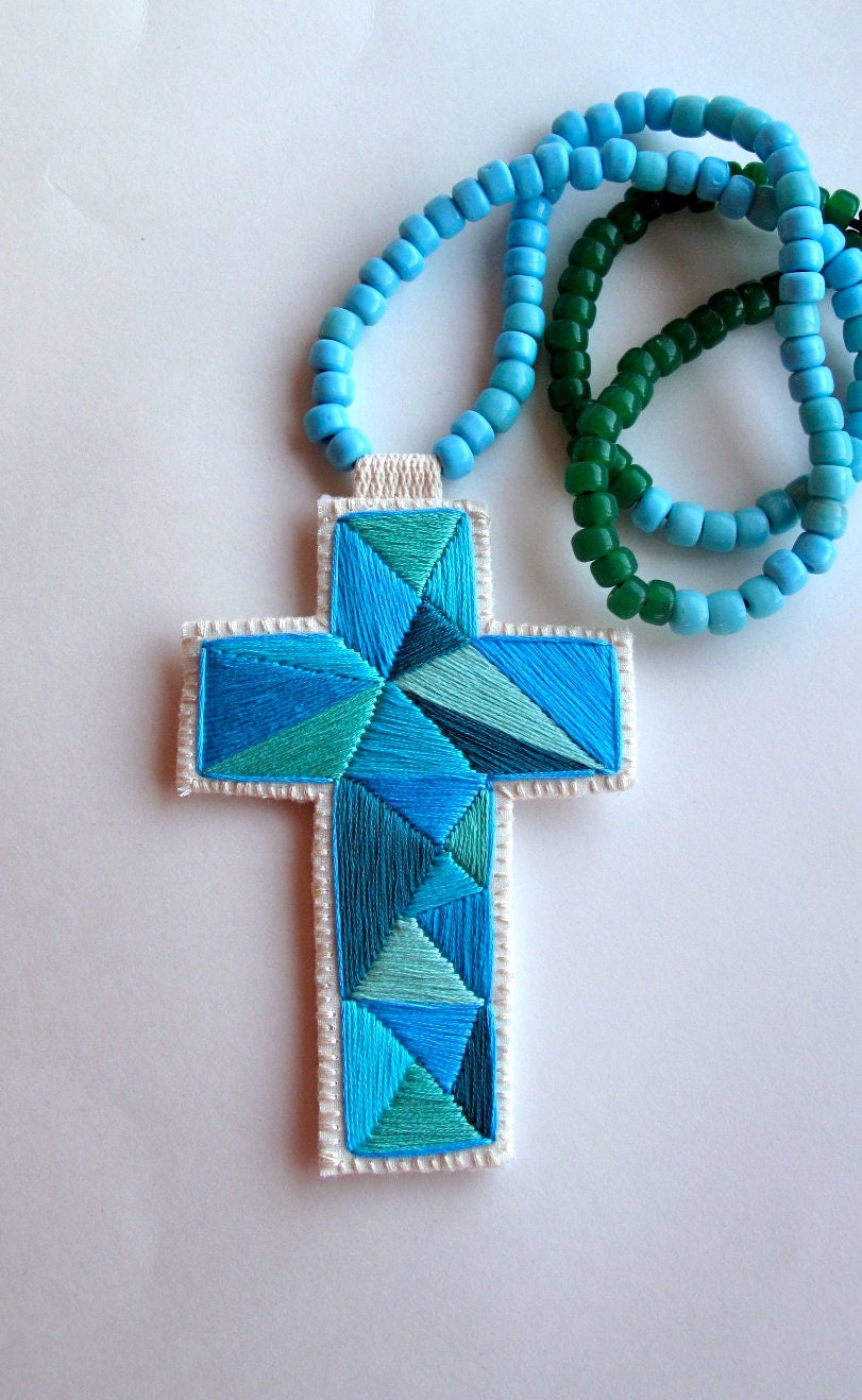 Embroidered cross necklace geometric blue with Native American trade beads modern jewelry Easter