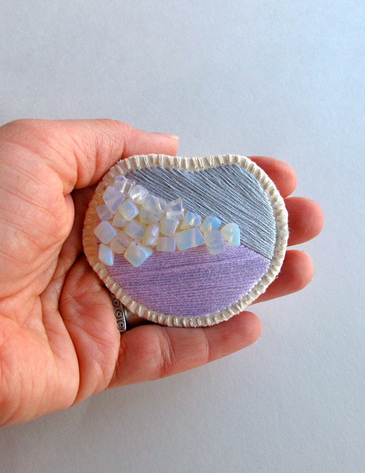 Geometric embroidered brooch asymmetrical design with opalescent encrusted beads Spring fashion