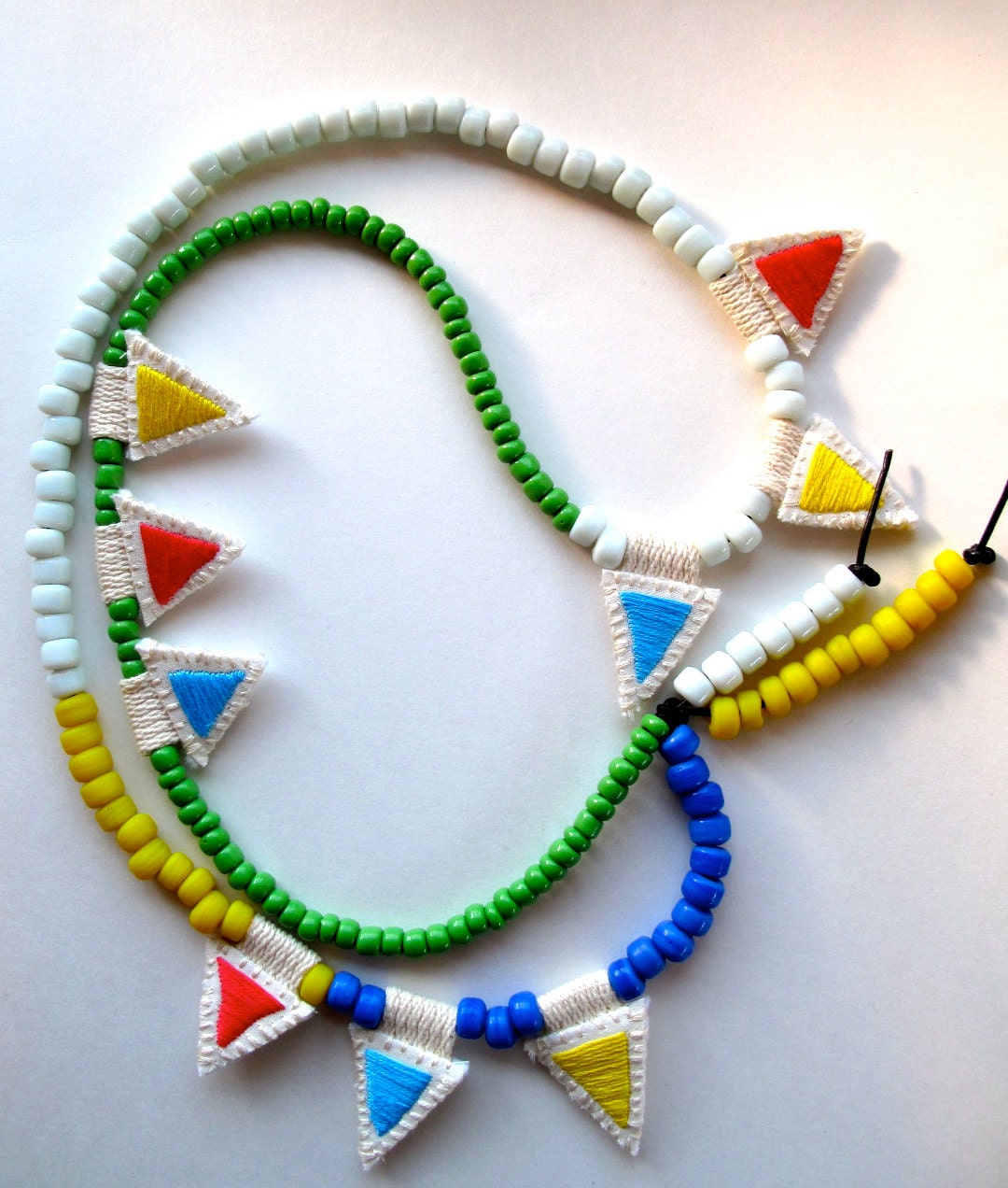 Long strand necklace embroidered triangles with Native American trade beads modern colorblock