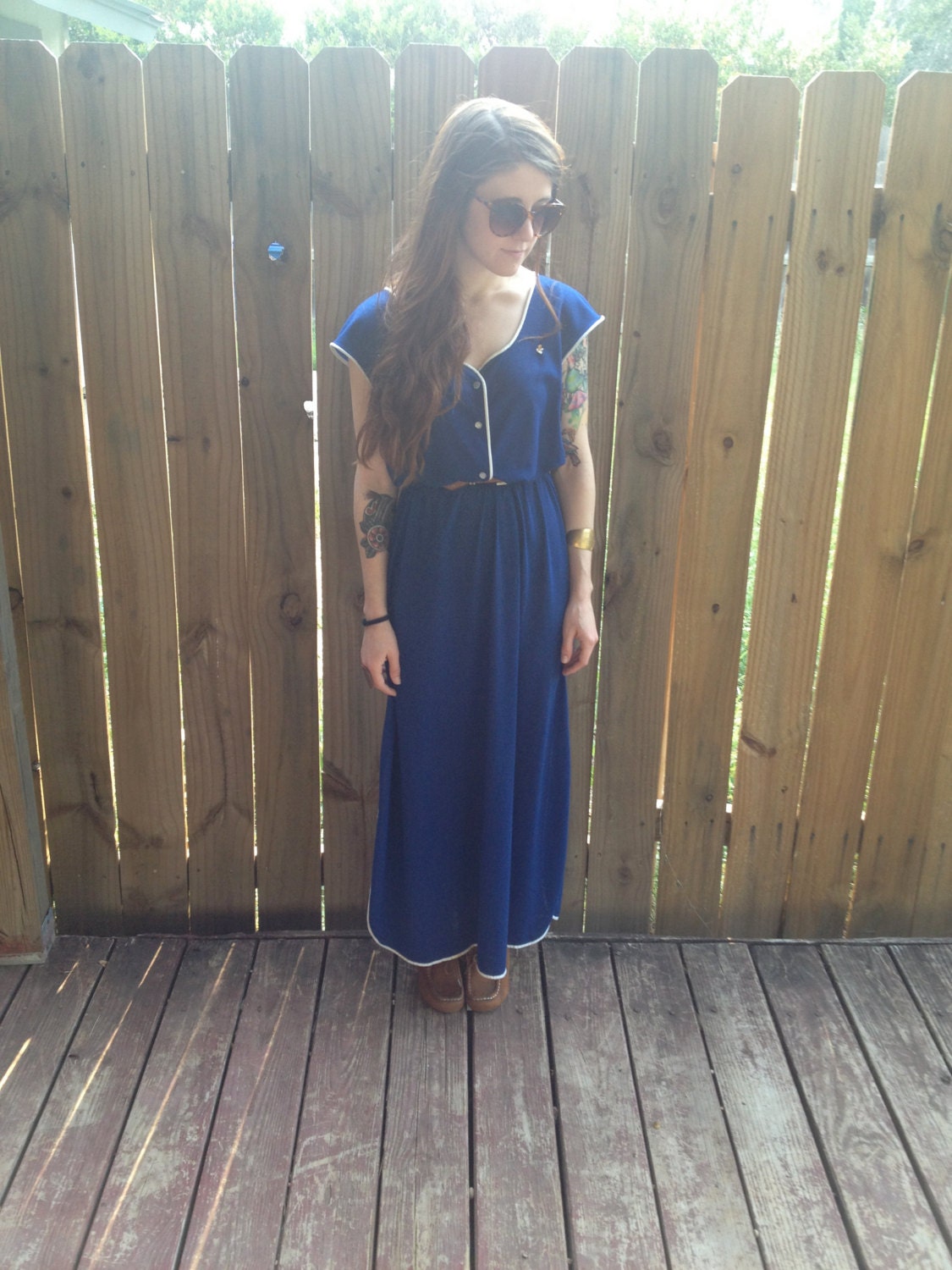 Vintage 70s Royal Blue Short Sleeve Button Up Maxi Dress Size Medium