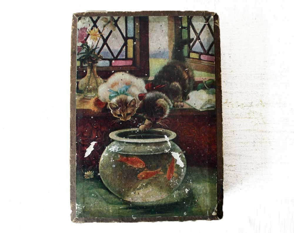 Cute  vintage french Paper Box with CATS and FISHES
