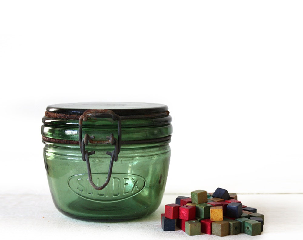 1 ORIGINAL little Vintage Green french canning jar SOLIDEX