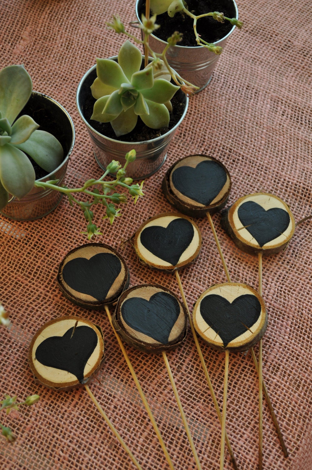 Chalkboard hearts on wooden slice - Rustic wooden place cards-chalkboard signs- table numbers-2" diameter- different sizes available