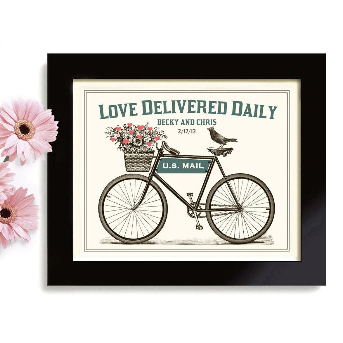 Bicycle Custom Gift Wedding Personalized for Couples Gift Ideas Art Print Date of Wedding Flowers Ready to Frame