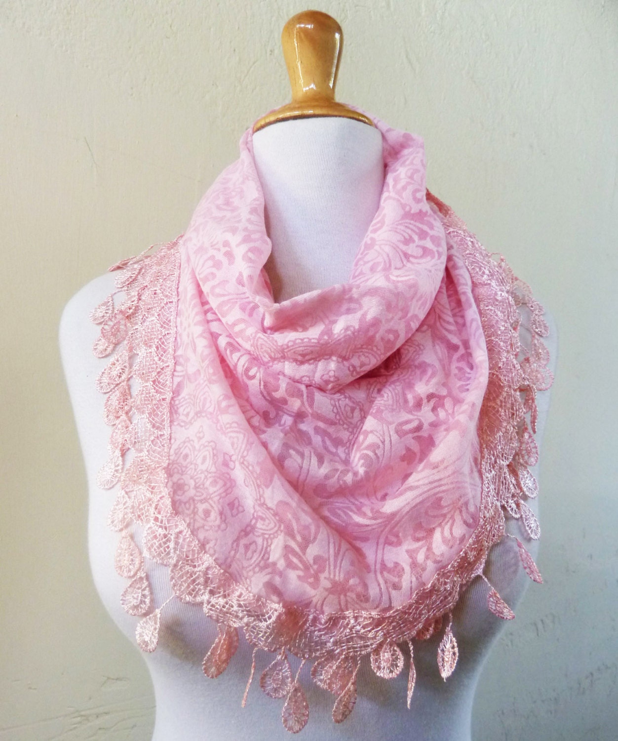 Womens scarf "Lily" in PINK with floral pattern and teardrop lace edge - scarflette shawl neckwarmer