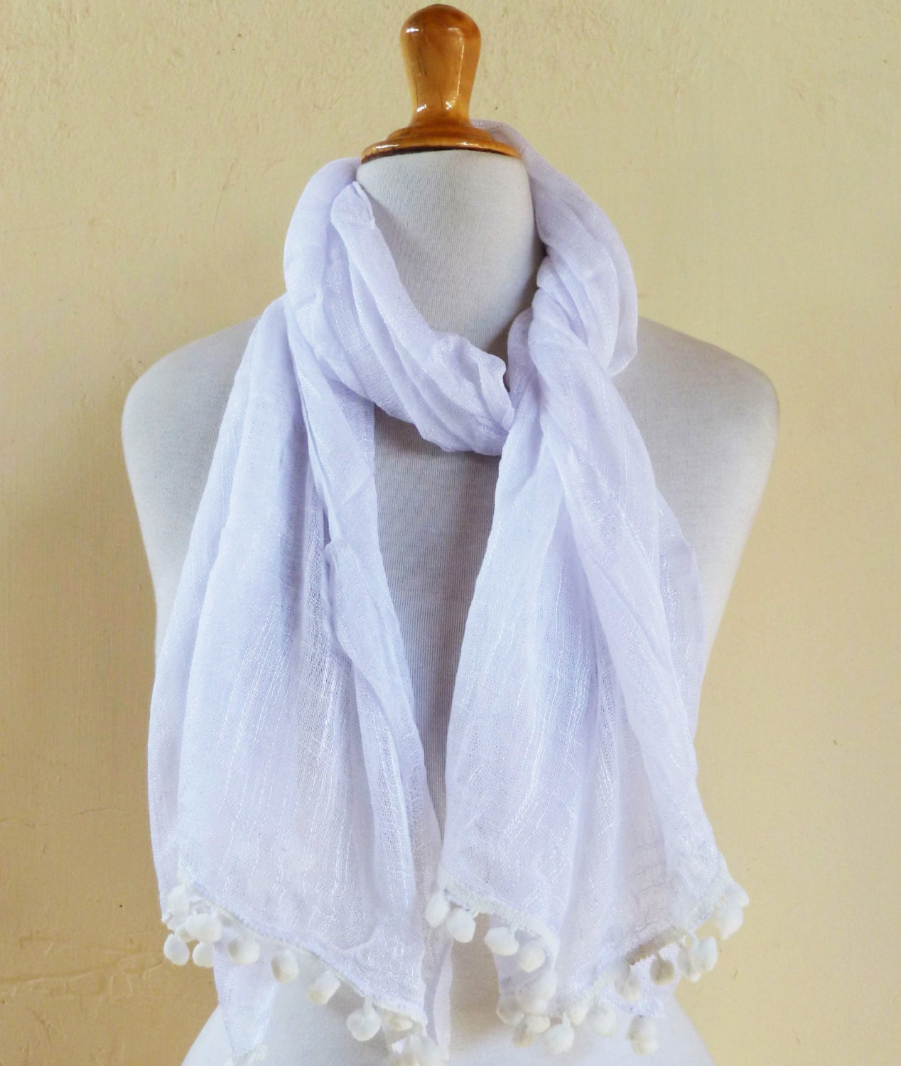 Womens Summer/Spring scarf in WHITE with pompom edge