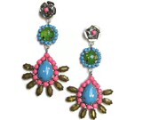 painted neon rhinestone statement earrings Flower Dangle Polka Dot pink green gold
