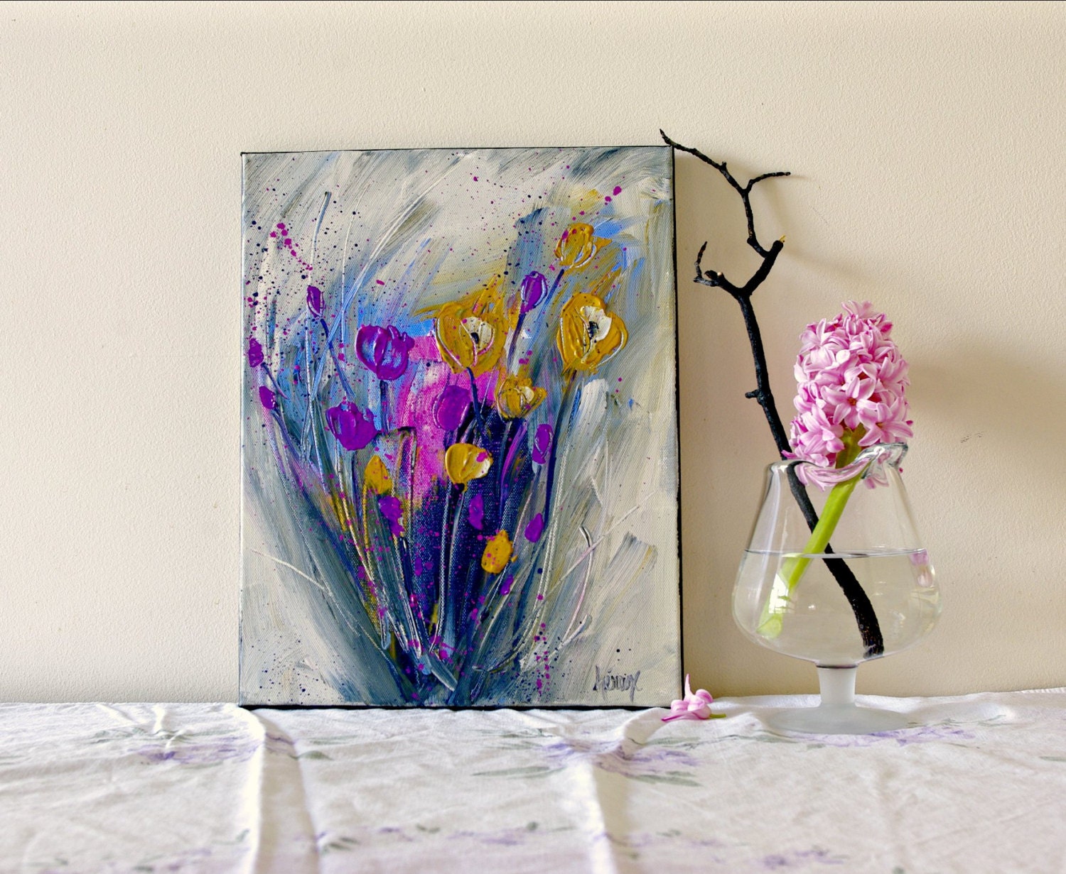 Original Flower painting - small original painting - Elegant decor  - cottage chic - Floral art -  purple painting -11x14 canvas