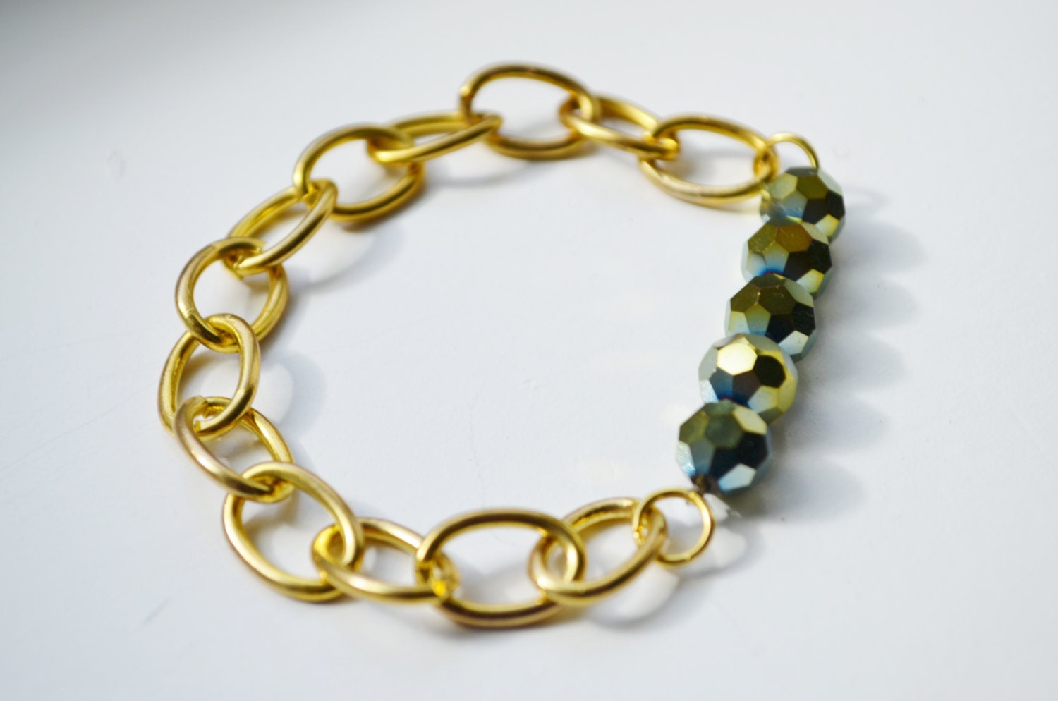 Green Metallic Bead and Gold Chain Bracelet