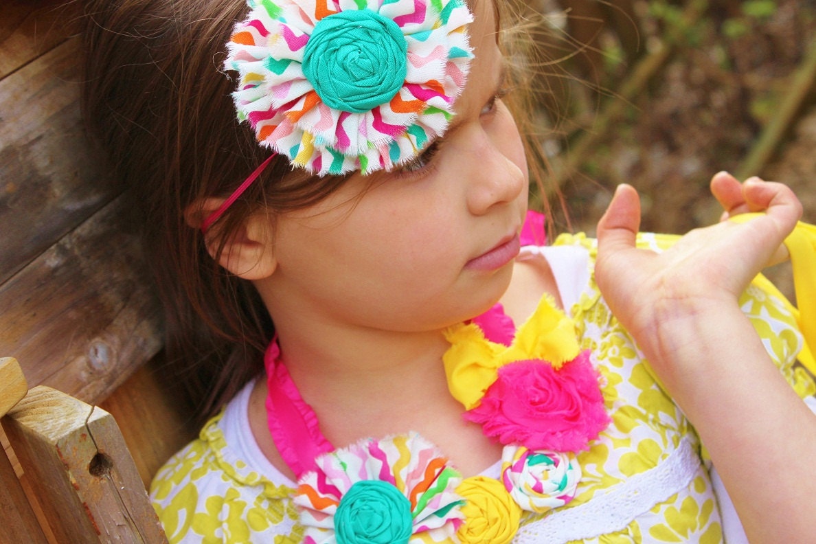 Baby girl ruffle headband, handmade, fabric rolled rosettes, vintage inspired, pink, yellow, chevron colorful, bright, green, bow