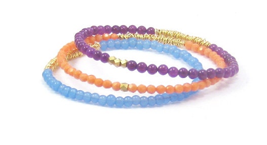 Beaded Bangle Bracelets // Guitar String Jewelry // Recycled Eco-Friendly // Set of 3 // Coral Purple Gold Wire Wrap // Handmade Recycled
