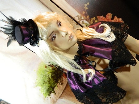 Set of Minihat & Mini Cape purple black taffetta Gothic Burlesque Victorian Steampunk Larping Wedding