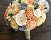 Handmade Natural Alternative Wedding Bouquet - Peach Gray Ivory Bridal Bridesmaid Bouquet, Sola Flower Bouquet, Keepsake Bouquet