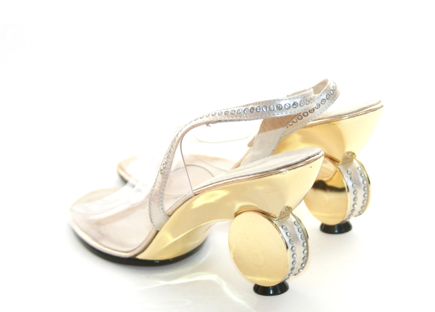 Size 7 ONEX - Diva-itis Shoes - Gold 70s Disco Queen Heels - Rhinestone Awesomeness