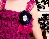 FREE SHIP Petti Romper Magenta With Purple Lace Pettiromper Custom Satin Bow Satin Flower With Rhinestone Center 6 mos 12 mos 1 Year 2T 3T