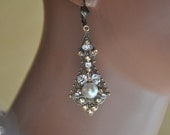 Bridal Pearl Earrings,Victorian Earrings,Vintage Style Earrings,Antique Brass,Swarovski Crystal Golden Shadow and Pearl Earrings