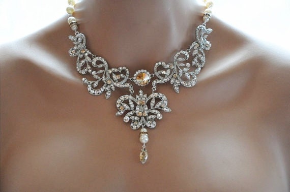 Bridal Jewelry Set,Bridal Statement Necklace,Rhinestone Necklace,Swarovski Crystal and Pearl Necklace,Golden Shadow,Necklace and Earring Set