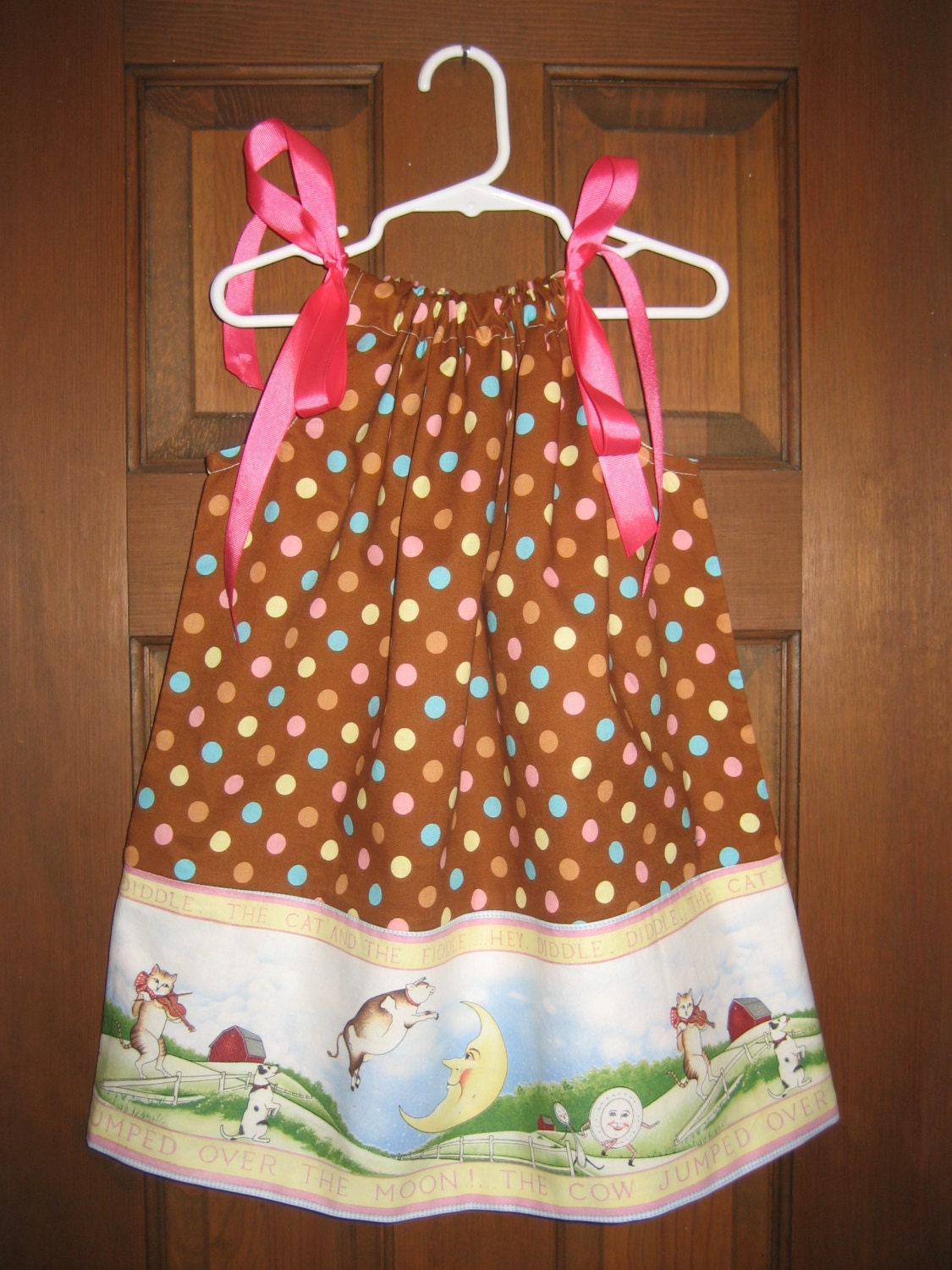 Nursery Rhyme Mother Goose Brown Pink Polka Dot Pillowcase style infant toddler girls dress