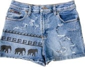 Tribal Aztec Elephant Waves Shorts Hand Painted Vintage Distressed High Waisted Denim Boho Coachella Hipster Small Medium W28