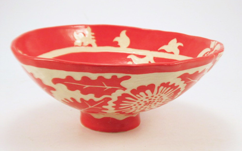 Large Red and White BOWL Floral Flowers Stoneware Hand Carved Sgraffito